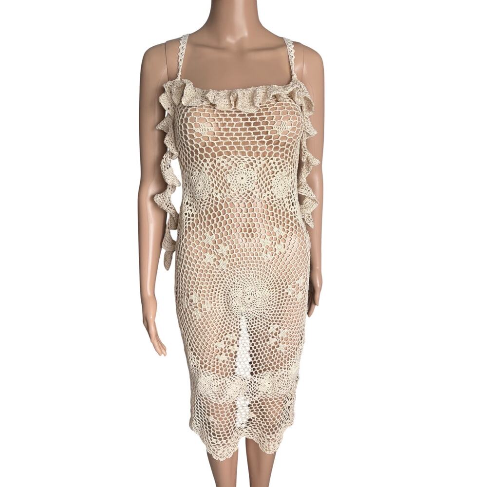 Upcycled Coastal Crochet Doily Sheer Dress Lace Up Back Boho Coastal Festival S - Picture 2 of 8